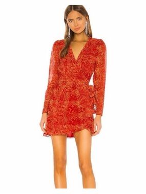 NBD Red Printed Long-Sleeve Wrap Mini Dress